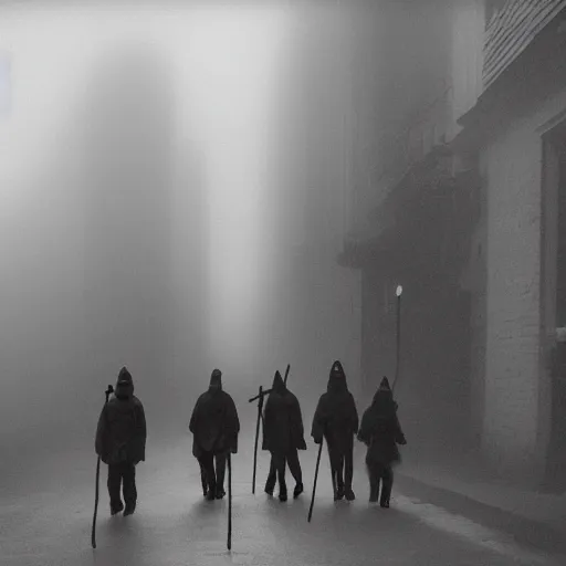 Image similar to a group of clowns walking down a long dark foggy alley the are carrying sticks. fog, tall decrepit buildings. black and white photography