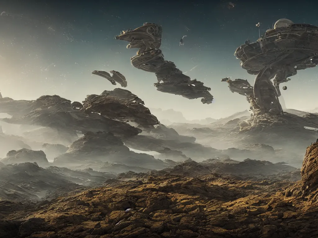 Image similar to Panorama view of an extraterrestrial landscape by Kilian Schönberger, Retro futuristic damaged walker jumps over a rift, highly detailed, sharp focus, illustration, cinematic lighting, Unreal Engine 5