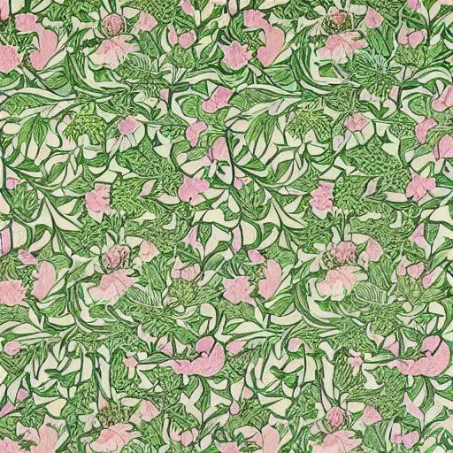 Prompt: william morris style print of beautiful light pink peonies and green leaves, repeating pattern, by william morris and Van Gogh