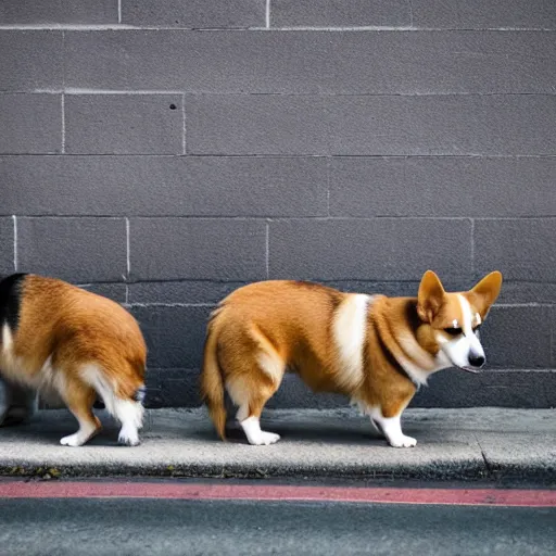 Image similar to Corgis standing in an alley, facing away from the camera, seductively looking back. Photograph, 4k, realistic, mood lighting