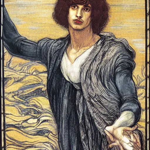 Image similar to Turning and turning in a widening gyre, the falcon cannot hear the falconer, painted by Dante Gabriel Rossetti