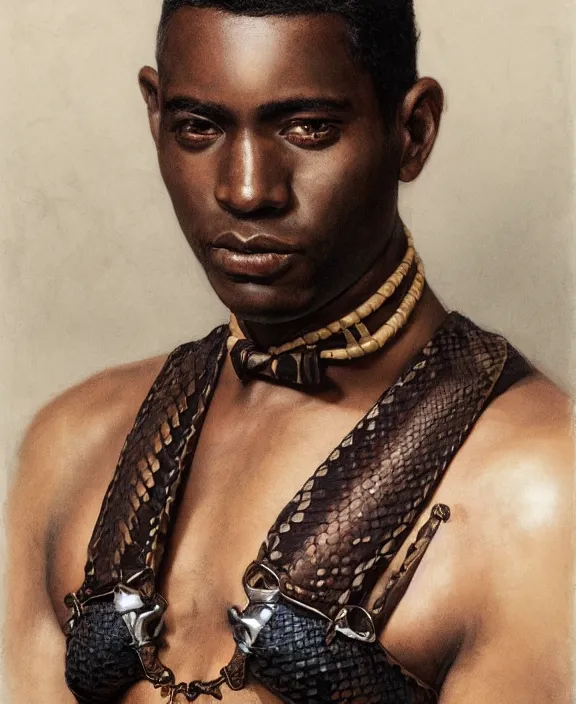 Image similar to a dark skinned man wearing an intricate and detailed inticate suspenders set, wrapped in a python, honey birdette, realistic renaissance portrait, highly detailed, digital painting, artstation, concept art, smooth, sharp focus, cinematic lighting, art by john collier, artgerm and greg rutkowski and alphonse mucha and jacques louis david