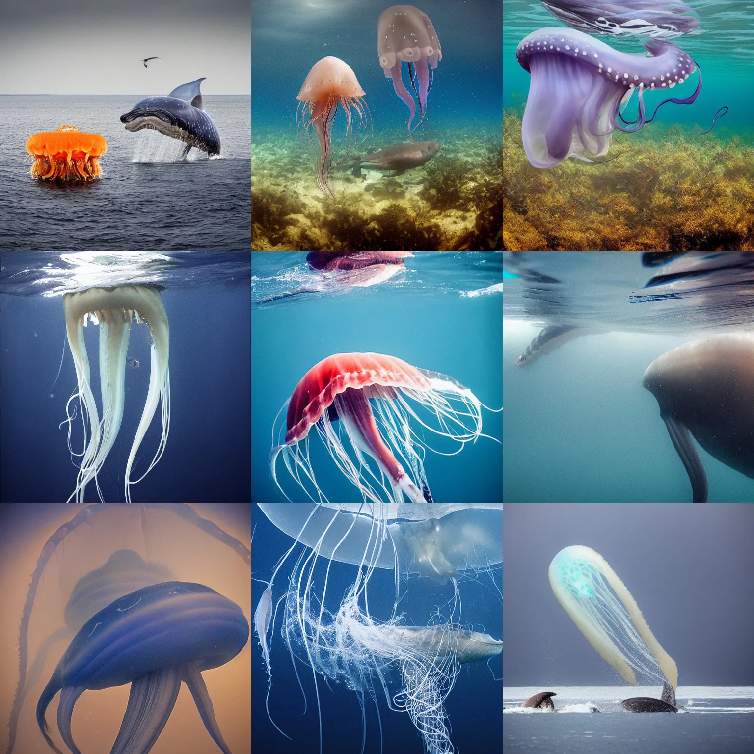 Prompt: a jellyfish-whale-squid-whale, wildlife photography