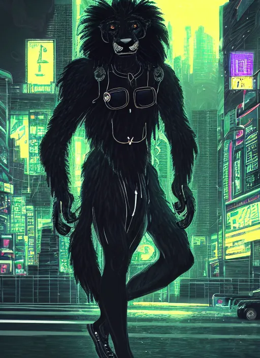 Image similar to character portrait of a male anthro black lion fursona with a cute beautiful attractive detailed furry face wearing stylish cyberpunk clothes in a cyberpunk city at night while it rains. hidari, color page, tankoban, 4K, tone mapping, Akihiko Yoshida.