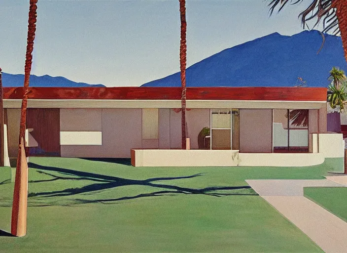 Prompt: painting of a richard neutra house in palm springs by wayne thiebaud