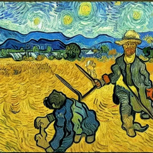 Prompt: van gogh painting of david and goliath