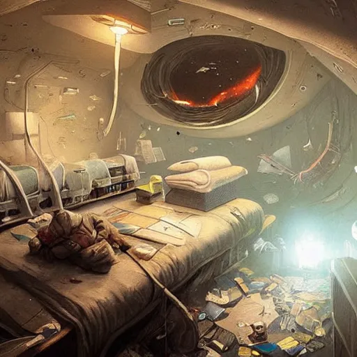 Prompt: detailed room in the sewer lair The room is a clutter if clothes and a bunkbed with space posters everywhere,soft,light,bright,epic,awesome,digital art, by Simon baek and Greg rutkowski