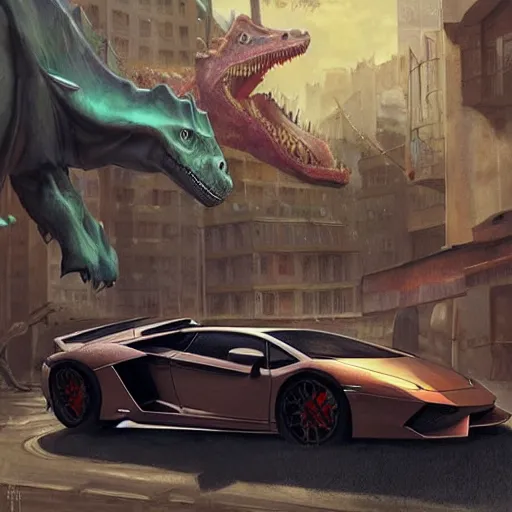 Image similar to lamborghini with dinosaur near a mc donald store, highly detailed, concept art, art by wlop and artgerm and greg rutkowski, masterpiece, trending on artstation, 8 k