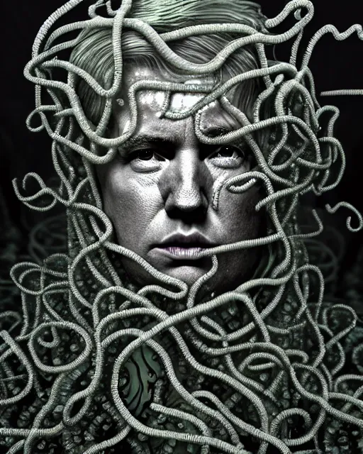 Prompt: surreal mythical dreamy underwater artistic bw photo of donald trump - medusa - cyborg covered with fish scales and algae, highly detailed, intricate crystal ivy jelly fish scales ornate, poetic, octane render, 8 k, photo - realistic, in the style of gustave dore and preraphaelites