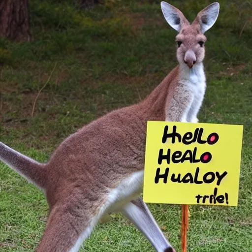 Prompt: <photograph quality=high accurate=true readable=true>Kangaroo holds sign that says Hello</photograph>
