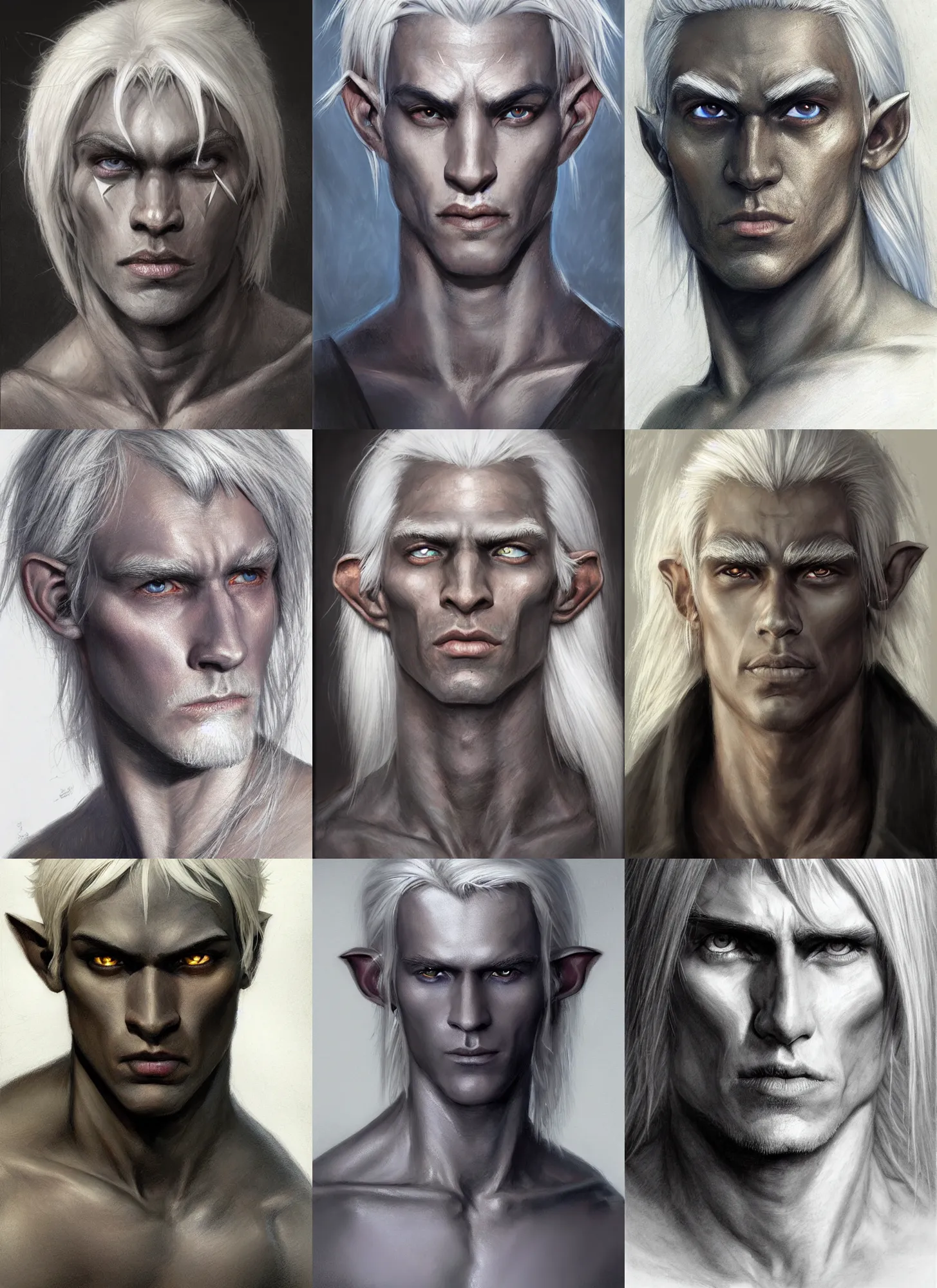 Prompt: a head portrait of a dark drow elf male, medium length white hair, charcoal skin, smooth skin, young adult in with late twenties, happy, pointed chin, charcoal color skin, curious, style by donato giancola, wayne reynolds, jeff easley dramatic light, high detail, cinematic lighting, artstation, dungeons and dragons