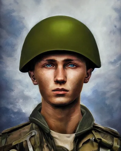 Image similar to portrait of a heroic young ukrainian soldier, art by denys tsiperko and bogdan rezunenko, hyperrealism