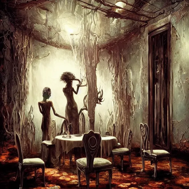 Image similar to a serene and tranquil dining room, haunted house, masterpiece, unease, grasping pseudopods, detailed human figures, rhads!!!, magical realism, urban fantasy, ( h. r. giger )