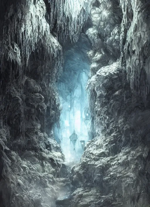 Image similar to portrait, Overgrown Cave made of white paper, Crystal Lighting, Mystical,, watercolor, dramatic lighting, cinematic, establishing shot, extremely high detail, foto realistic, cinematic lighting, pen and ink, intricate line drawings, by Yoshitaka Amano, Ruan Jia, Kentaro Miura, Artgerm, post processed, concept art, artstation, matte painting, style by eddie mendoza, raphael lacoste, alex ross