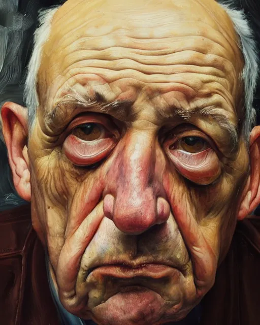 Image similar to an extreme close up portrait a very ordinary old man with an sad expression, side angle, head and shoulders shot, by Lucian Freud and Jenny Saville, oil painting, anatomically correct, beautiful perfect face, visible brushstrokes, sharp focus, Highly Detailed, Cinematic Lighting, 8k, HD