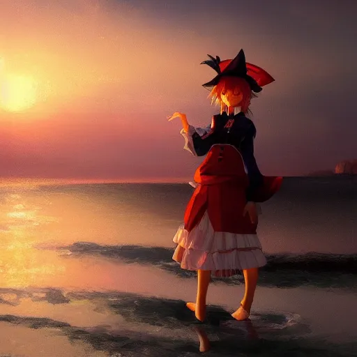 Prompt: Kirisame Marisa, sunset on the beach, touhou project, ZUN, beautiful portrait, oil on canvas, official artwork, trending on artstation, in the style of Aivazovsky