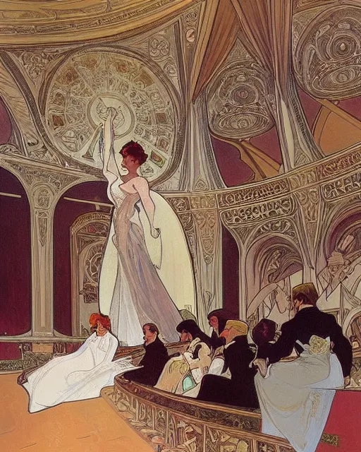 Image similar to painting alphonse mucha, interior of the opera house, view from the hall with a singer in a white dress on a lighted stage with an orchestra and audience in the hall, soft cinematic lighting, pastel color palette