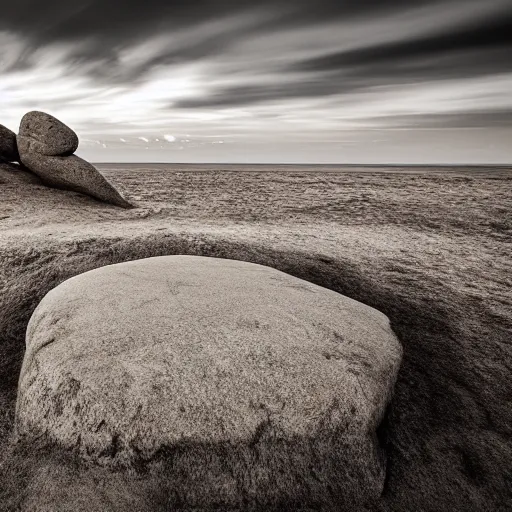 Prompt: a breathtaking photograph of a windswept dunes scandinavian landscape, a withered ancient altar stone in center, ultra wide shot, cinematic, 8 k, dramatic lighting