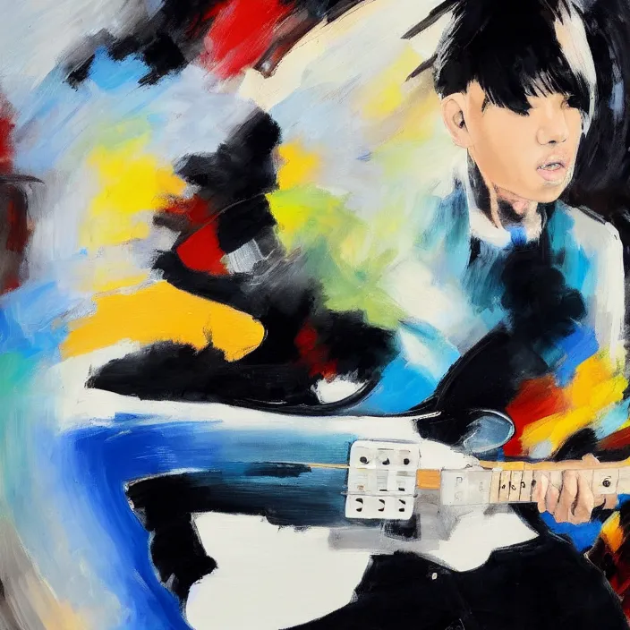 Image similar to large brush abstract! painting candid view of a young korean male musician wearing stylish black v neck t shirt holding a telecaster!!! electric guitar!!, thick flowing dramatic brush strokes, dark matte colors, abstract, impressionist, motion, trending on artstation