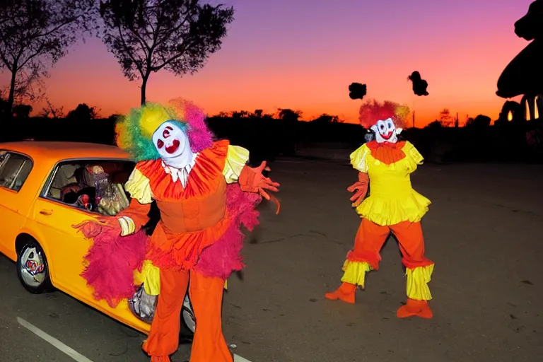 Image similar to 2 0 clowns leaving a clowncar at a california drive in, in 2 0 1 2, cutecore clowncore, bathed in the the glow of the sunset, low - light photograph, in style of monkeybone