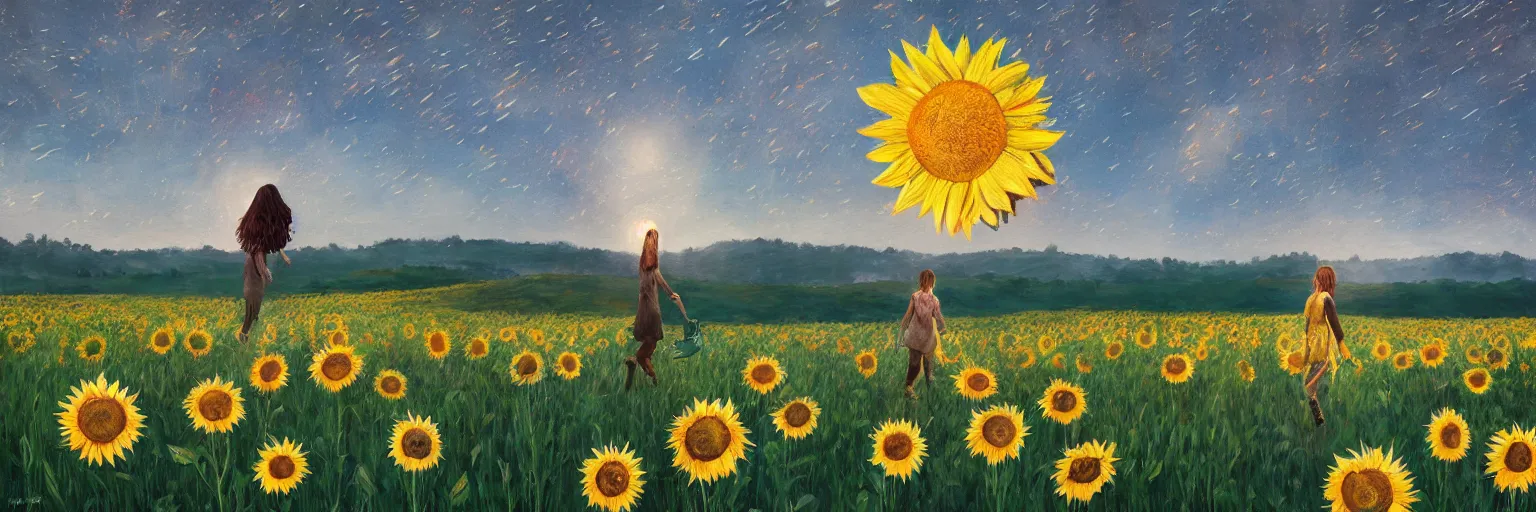 Image similar to giant sunflower as a head, girl walking in wheat field, hills, surreal photography, dark night, star trails, dramatic light, impressionist painting, clouds, digital painting, artstation, simon stalenhag