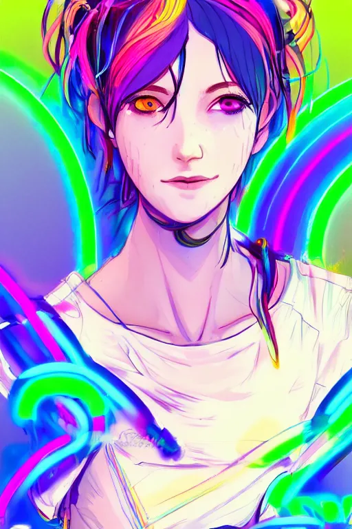 Image similar to a award winning portrait of a beautiful woman with stunning eyes in a one off shoulder croptop and cargo pants with rainbow colored hair, outlined by whirling illuminated neon lines and fine lines swirling in circles by makoto shinkai, digital art, trending on artstation