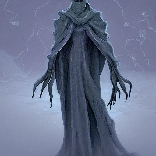 Prompt: concept designs of an ethereal ghostly wraith like figure with a squid like parasite latched onto its transparent skull and long tentacle arms that flow lazily but gracefully at its sides like a cloak while it floats around a frozen rocky tundra in the snow searching for lost souls and that hides amongst the frosted trees, this character has hydrokinesis and electrokinesis in the style of arcane the series on netflix