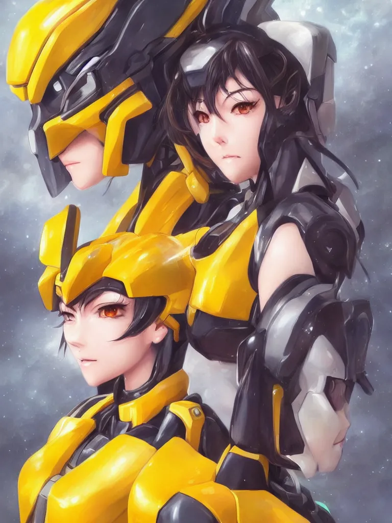 Image similar to A realistic anime portrait of a woman in a Gundam suit with glowing yellow, digital painting, by Stanley Artgerm Lau, Sakimichan, WLOP and Rossdraws, digtial painting, trending on ArtStation, SFW version