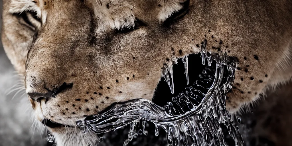 Image similar to a lioness made of ferrofluid bathing inside the bathtub full of ferrofluid on a photography studio, dripping and drooling ferrofluid. dslr, wrinkles, ferrofluid, photography