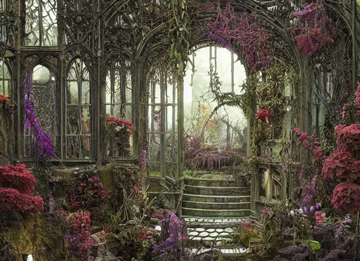 Prompt: an elaborate gothic lovecraftian garden with exotic flowers, shrubberies and a beautiful greenhouse intricate, elegant, highly detailed, matte, sharp focus, illustration, art by ferdinand knab, greg rutkowski and h. p. lovecraft