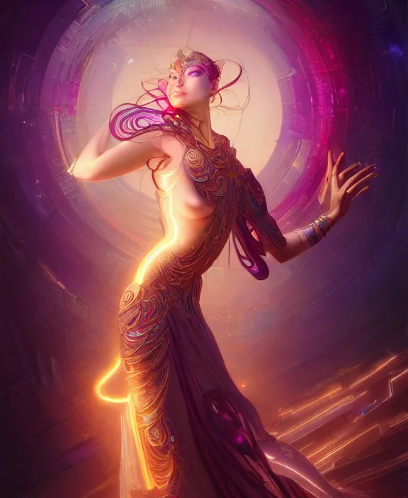 Image similar to a whirlwind of souls rushing inside the metaverse, half body, glowin eyes, tiara with sapphire, pharaoh, android, cyberpunk, d & d, fantasy, intricate, elegant, highly detailed, colorful, vivid color, digital painting, artstation, concept art, art by artgerm and greg rutkowski and alphonse mucha and ruan jia