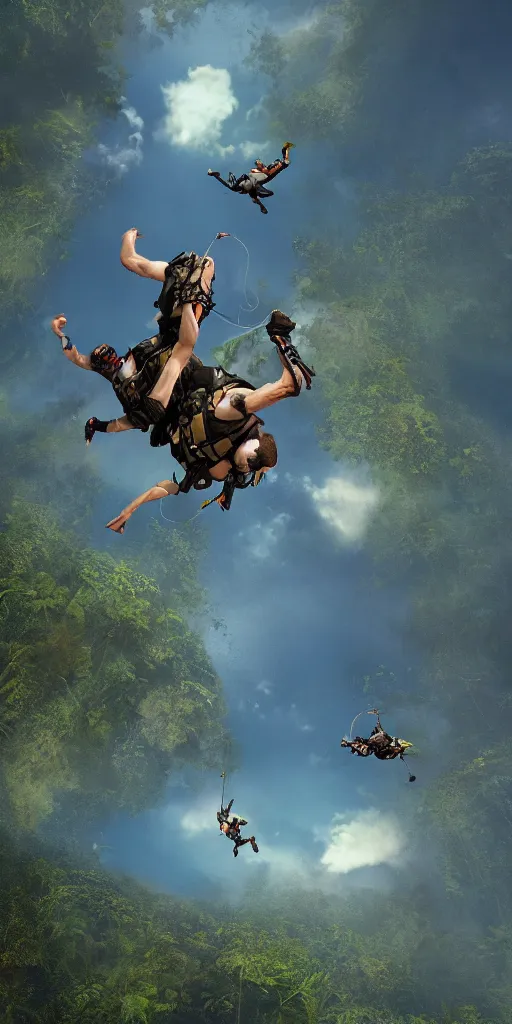 Prompt: downward view of sky divers parachuting downward, Amazon jungle setting, Photorealistic, establishing shot, cinematic lighting, dramatic lighting, atmospheric, realistic, octane render, highly detailed, color graded, matte painting in the style of craig mullins