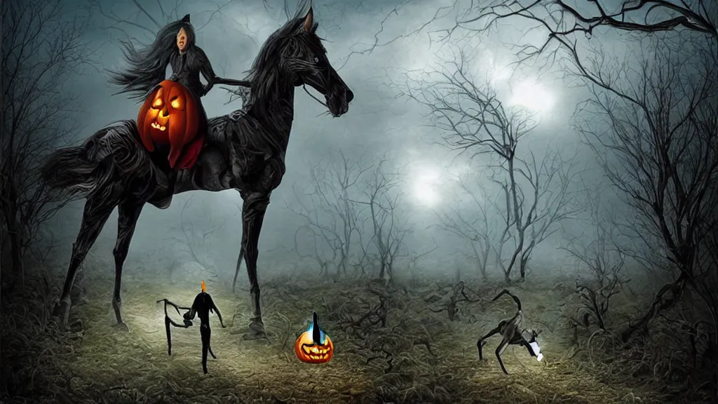 Image similar to halloween headless horseman theme surrealist art in the styles of igor morski, jim warren, and a tim burton film, intricate, hyperrealistic, volumetric lighting