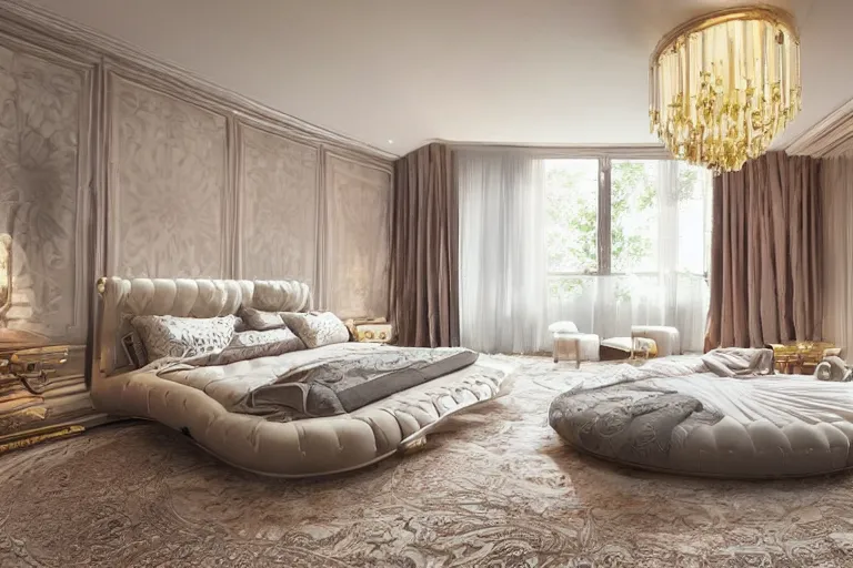 Image similar to A sunny bedroom, exquisite decoration, all Modernized furniture, high tech