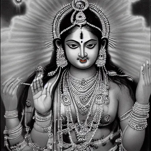 Image similar to A high-resolution, detailed photograph of the beautiful! Hindu goddess Gayatri by Ansel Adams, dramatic lighting