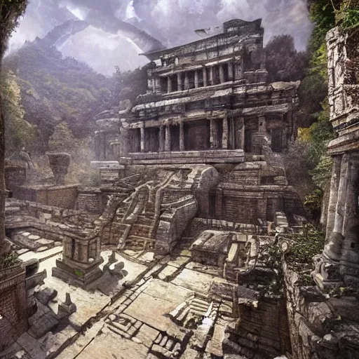 Image similar to realistic hyper detailed hardsurface modelled 3 d geometry,, tomb raider temple ruins, deep perspective, wide angle, insanely detailed and intricate,, eal, gold, silver red, sir james guthrie painting