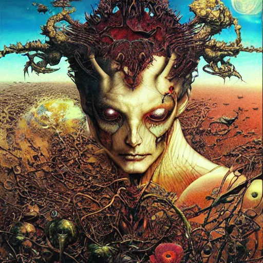 Prompt: realistic detailed image of a being eating a planet by Ayami Kojima, Amano, Karol Bak, Greg Hildebrandt, and Mark Brooks, Neo-Gothic, gothic, rich deep colors. Beksinski painting, part by Adrian Ghenie and Gerhard Richter. art by Takato Yamamoto. masterpiece