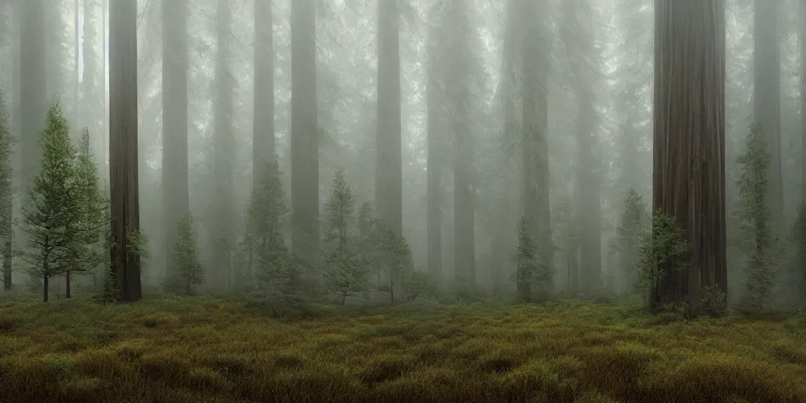 Image similar to Douglas Fir and Redwood forest in northern california, ground scattered with woodsorrel, horsetails, fairybells and other minor shrub plants, misty, foggy air. Trending on Artstation, deviantart, worth1000. By Greg Rutkowski. National Geographic and iNaturalist HD photographs