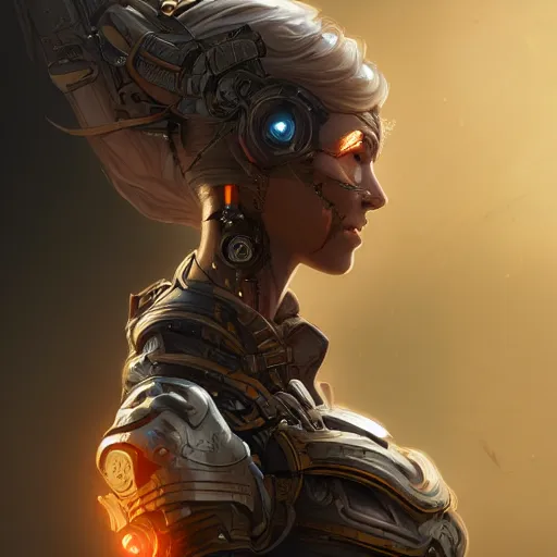 Image similar to side view of a cyborg woman, D&D, fantasy, intricate, elegant, highly detailed, digital painting, artstation, concept art, matte, sharp focus, illustration, hearthstone, art by Artgerm and Greg Rutkowski and Alphonse Mucha