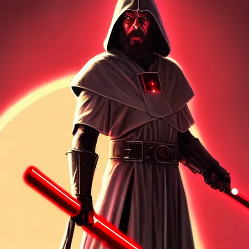 Prompt: Jesus Christ as a Sith Lord with red light saber and in power armor, western, D&D, fantasy, intricate, elegant, highly detailed, digital painting, artstation, concept art, matte, sharp focus, illustration, art by Artgerm and Greg Rutkowski and Alphonse Mucha