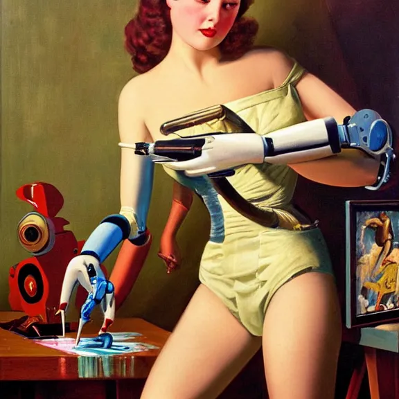 Image similar to robot artist painting a self - portrait on a canvas. intricate, highly detailed, photorealistic, film still, by gil elvgren.