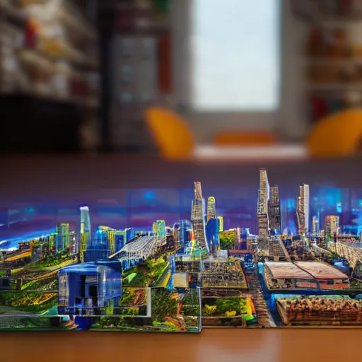 Prompt: large group people in open warehouse, looking at hologram of futuristic city on a table, cinematic still 1 2 0 mm, godrays, golden hour, natural sunlight, 4 k, clear details, tabletop model buildings, tabletop model, hologram center, crane shot, crane shot, crane shot