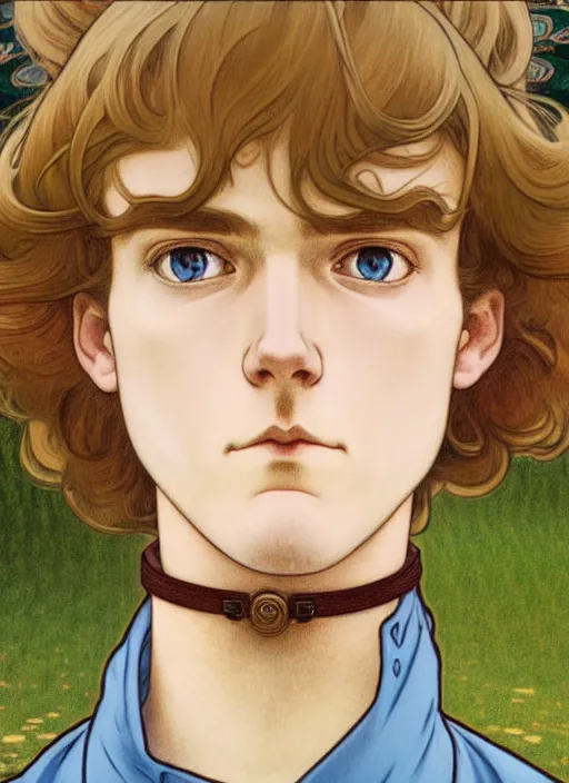 Image similar to art nouveau portrait of a pretty young man with short light brown straw blond hair, light blue eyes, sad expression, scared, head down, shy and demure, wearing a choker collar, natural lighting, path traced, highly detailed, high quality, cartoon, digital painting, by don bluth and ross tran and studio ghibli and alphonse mucha