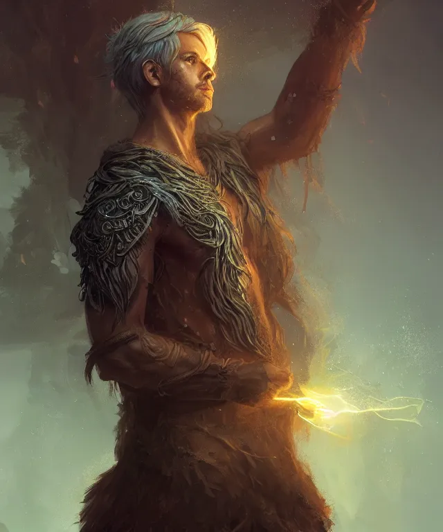 Image similar to a male druid, fully clothed, glowing energy, fantasy, intricate, cinematic lighting, highly detailed, digital painting, artstation, concept art, smooth, sharp focus, illustration, subject in the middle of the frame, art by wlop