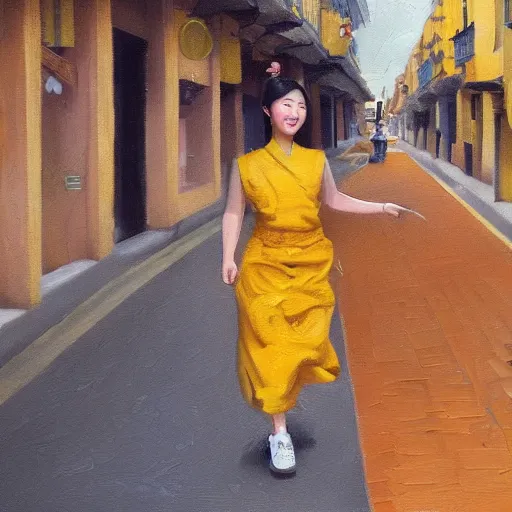 Image similar to high detail oil painting style portrait of Asian woman with mustard coloured suitcase dancing through a city street in Spain