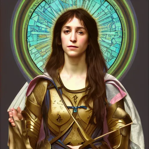 Image similar to portrait of charlotte gainsbourg as joan of arc, hyperreal digital painting, iconography influenced by alphonse mucha and eugene delacroix, arstation and deviantart trends, high resolution 8 k