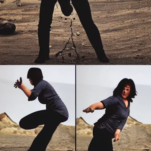 Image similar to morbid woman throwing rocks action sequence