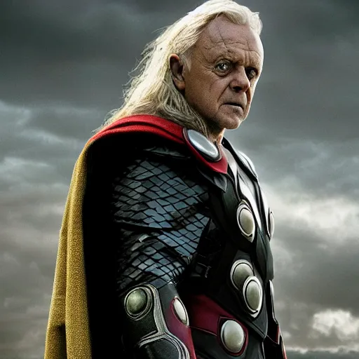 Prompt: Anthony Hopkins as Thor, in the movie Thor: Love and Thunder, cinematic drone photography