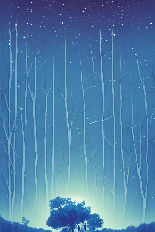 Image similar to A retro glossy white robot stands in the middle of a forest in the centre of the frame. softly glowing blue trees at night. The sky above has many stars and a beautiful blue aurora. Comet in the middle of the sky. Cyril Roland naomi okubo. Trending on artstation. Digital painting.