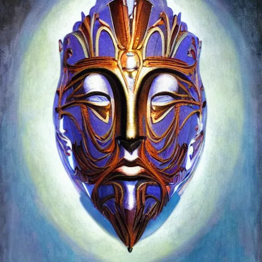 Image similar to masterpiece painting of a facemask made of stylized flowers, by annie swynnerton and jean delville and tino rodriguez and john watkiss, flower mask, art deco shaman, symbolist, dramatic lighting, god rays, elaborate geometric ornament, clean crisp graphics, soft cool colors, smooth, sharp focus, extremely detailed